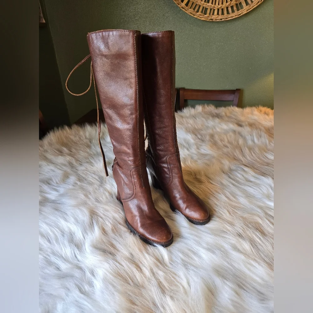 Apepazza Knee High Back Lace Leather Wedge Boots - Picture 7 of 12